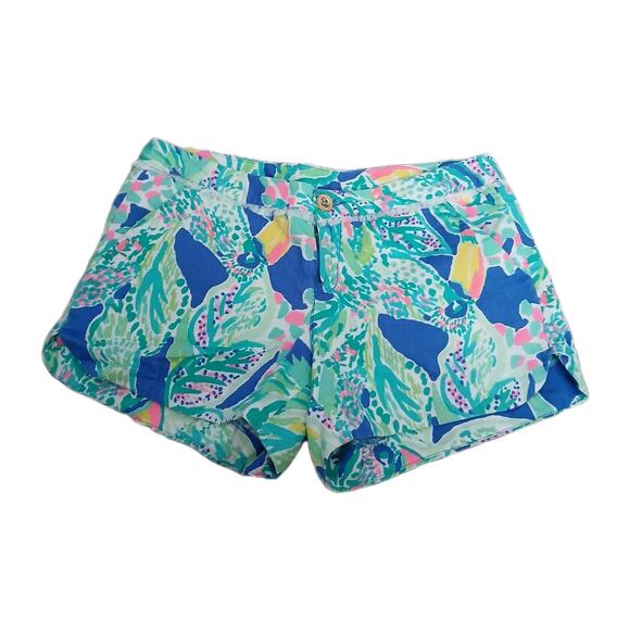 Lilly Pulitzer Beckon Blue Wake Up Call Green Pink Tropical Shorts Size 2 Cotton - Picture 1 of 8